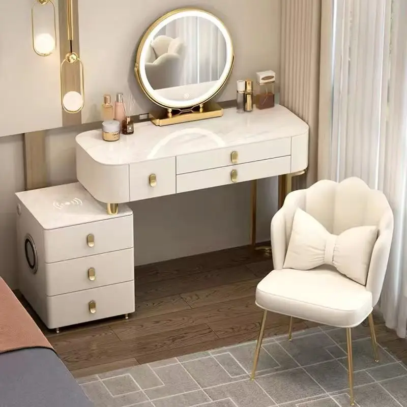 

Small Makeup Vanity Desk with Mirror, White Pink Gray Vanity Table Set with Storage Drawer Bedroom