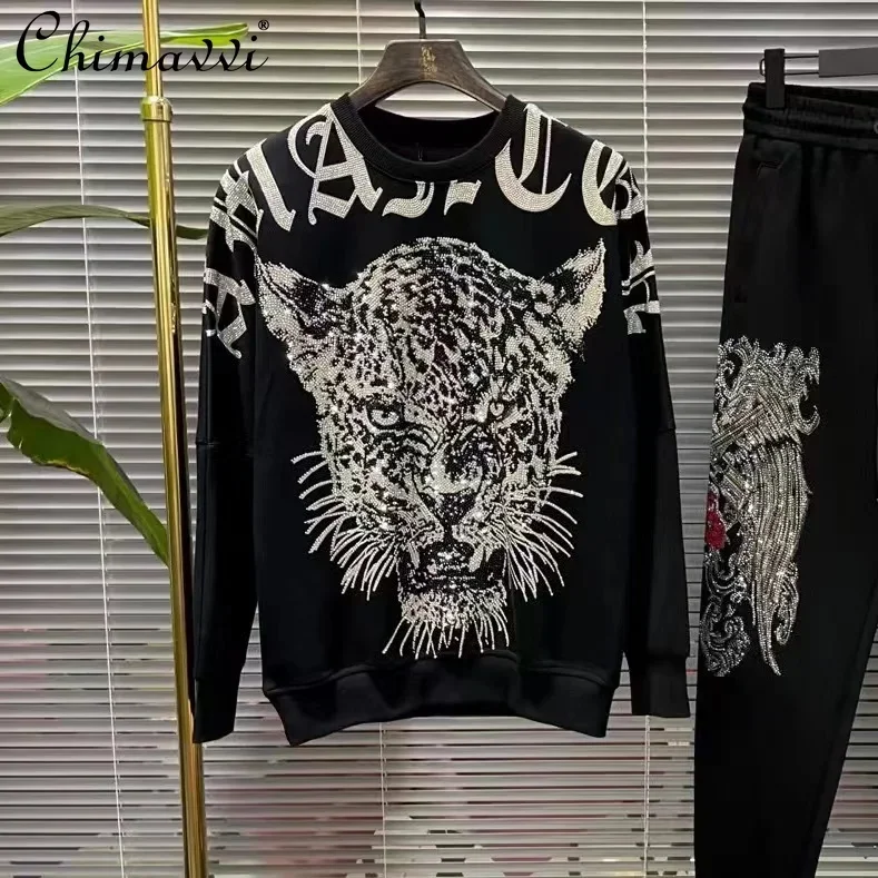 Autumn Winter Hot Diamond Tiger Head Thickened Sweatshirt Fashion Long Sleeve Handsome Loose Men's Large Size Printed Hoodies