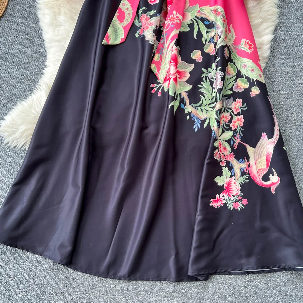 2025 Contrastสีดอกไม้พิมพ์ชุดMaxiยาวผู้หญิงเสื้อเดี่ยวBreasted BANDAGE Sashes VINTAGEวันหยุดVestidos