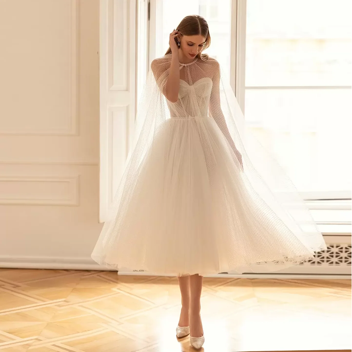 

Sharon Said Romantic 2 Pieces A-Line Off WhiteTulle Wedding Dress 2025 Elegant With Cape Tea Length Bride Gowns SW192 Customized