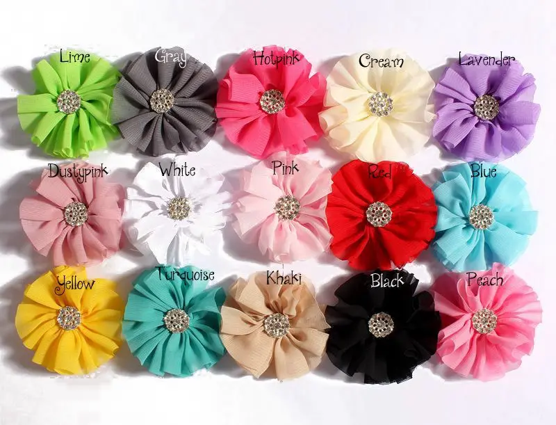 120pcs/lot 6.5cm 15colors Chiffon Flowers With Rhinestone Bow Button For Girl Hair Accessories Fabric Flowers For Kids Headbands