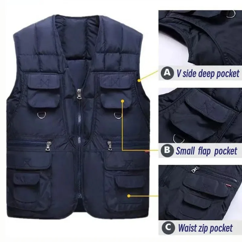 10 Pockets Men Winter Safari Down Cotton Vest US Outdoor Tactical Windproof Warm Big  Hiking Fishing Ski Cargo Fleece 