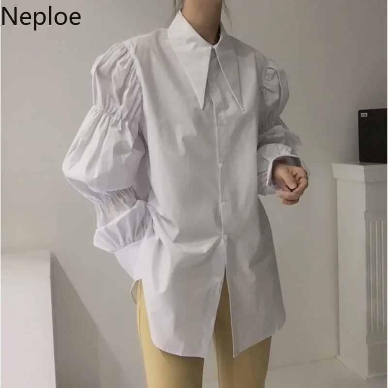 Neploe Women Blouse Chic High Street Tops Korean Vintage Turn-down Collar Loose Long Blusas Mujer Puff Sleeve White Shirt 4H419