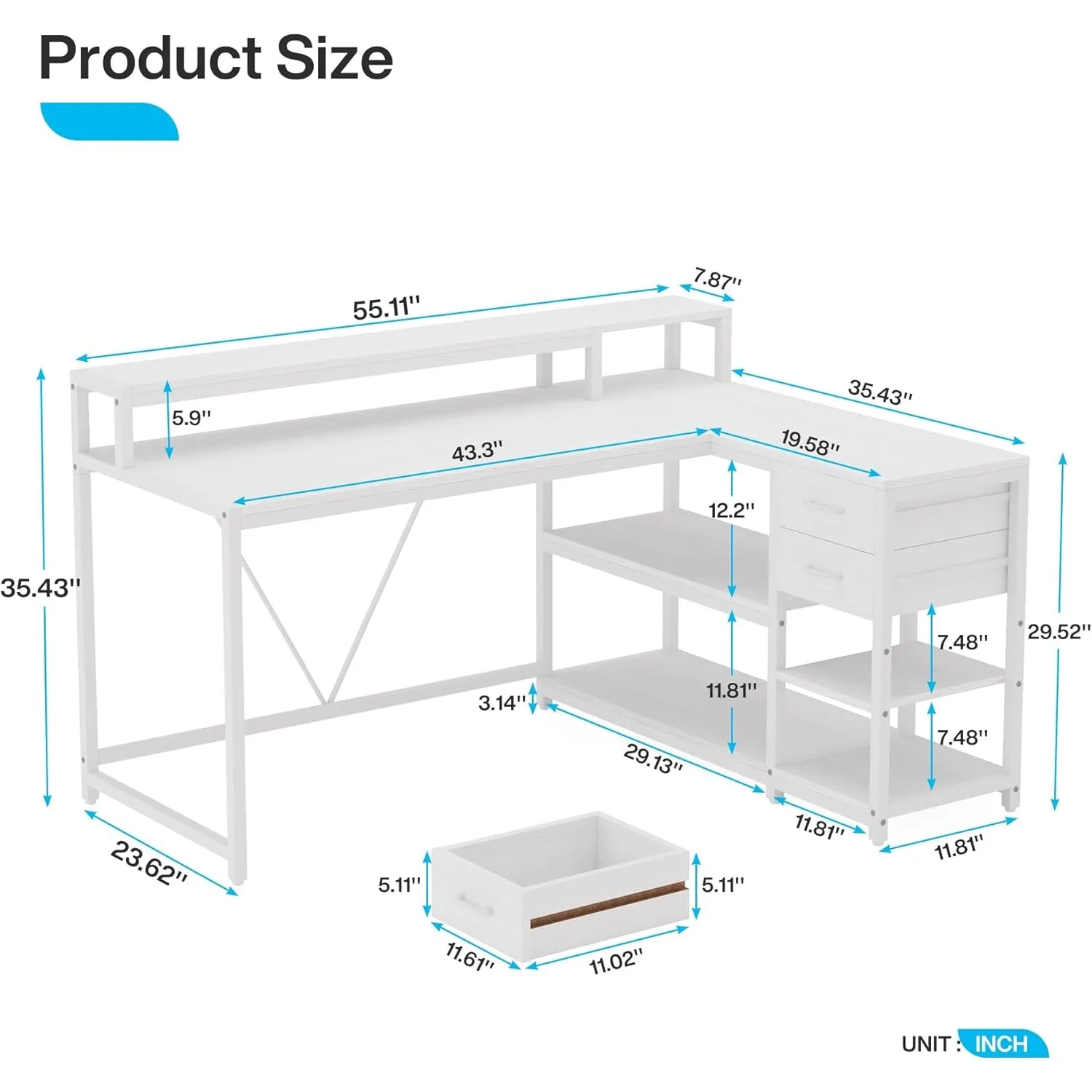 مكتب على شكل حرف L مع أدراج وأرفف تخزين، مكتب زاوية L للمكتب المنزلي مع حامل شاشة، مكتب كمبيوتر مكتبي مقاس 55 × 24 بوصة #2