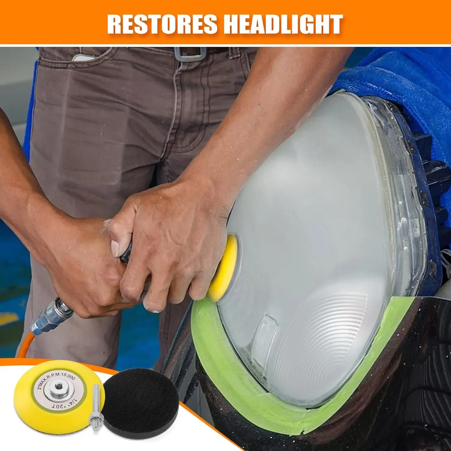 3 Inch Car Headlight Repair Kit 53 Pcs Grit 320-5000 Headlights Sanding Sheets with 1/4” Shank Backing Buffing Sponge Pads view 6