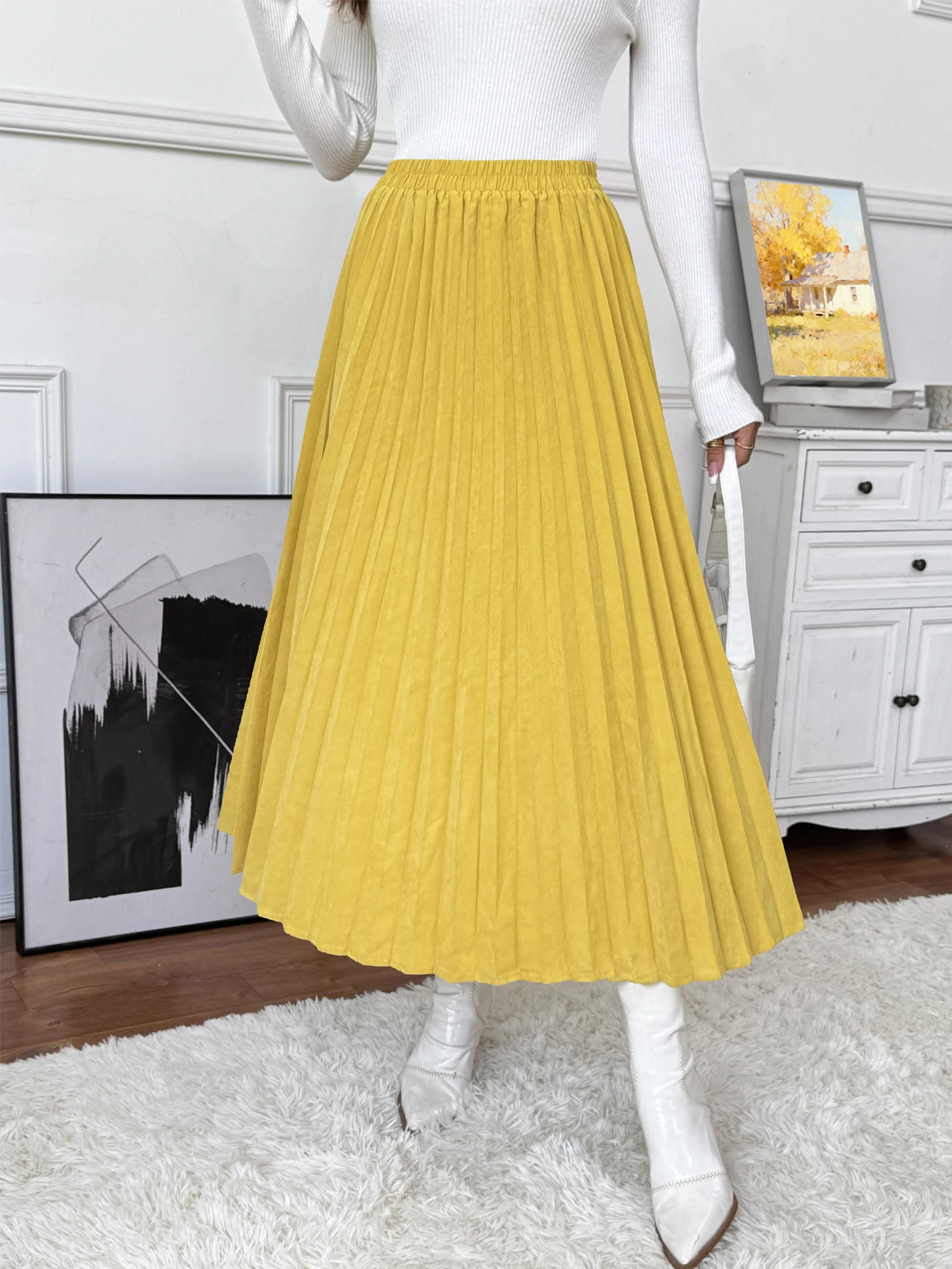 

Women's High Waisted Yellow Pleated Midi Skirt Elegant Solid Color Slimming Half Skirt with Elastic Waist Perfect for Casual Wear
