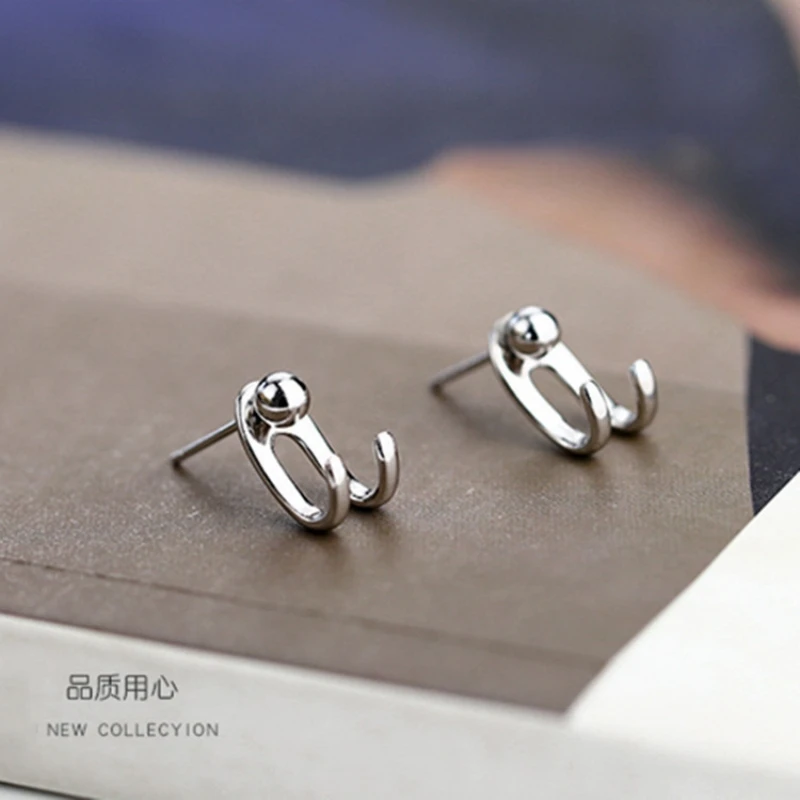 Double Line Hook Curved Ball Back Hang Post Stud Earrings Two in One Geometric Silver Color Metal Brincos Jewelry Girl Gift image 4
