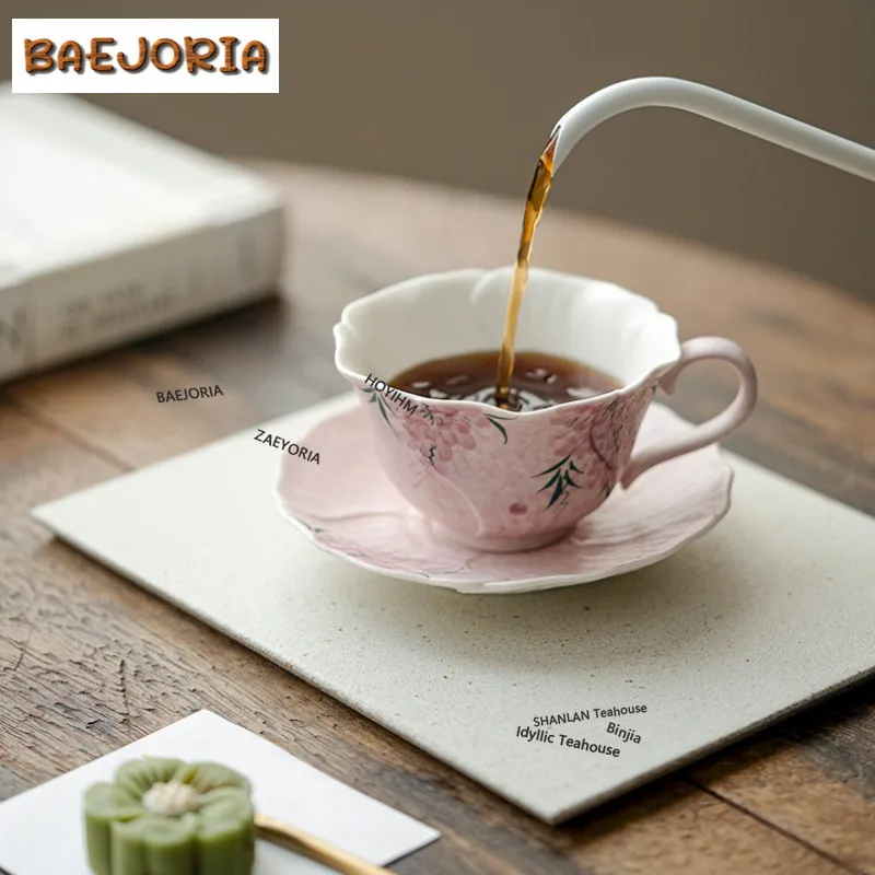 BAEJORIA 180ml Hand-painted Wisteria Flower Coffee Mug With Plate Beer Cup Afternoon Tea Mug Household Cup Saucer Kit Cafes Gift
