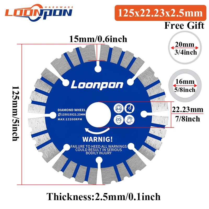 Loonpon Lưỡi Kim Cương 125Mm Lưỡi Cưa Đá Đĩa Cắt Bánh Lưỡi Cắt Khô Cắt Đá Hoa Cương Đá Cẩm Thạch Bê Tông Gạch khối