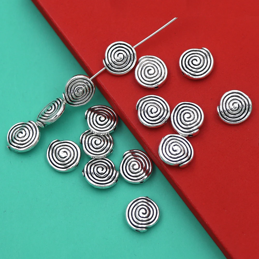 20pcs Antique Silver Flat Round Spacer Swirl Beads 10.8x11.5mm Double Sided Metal Disc Jewelry Making L601