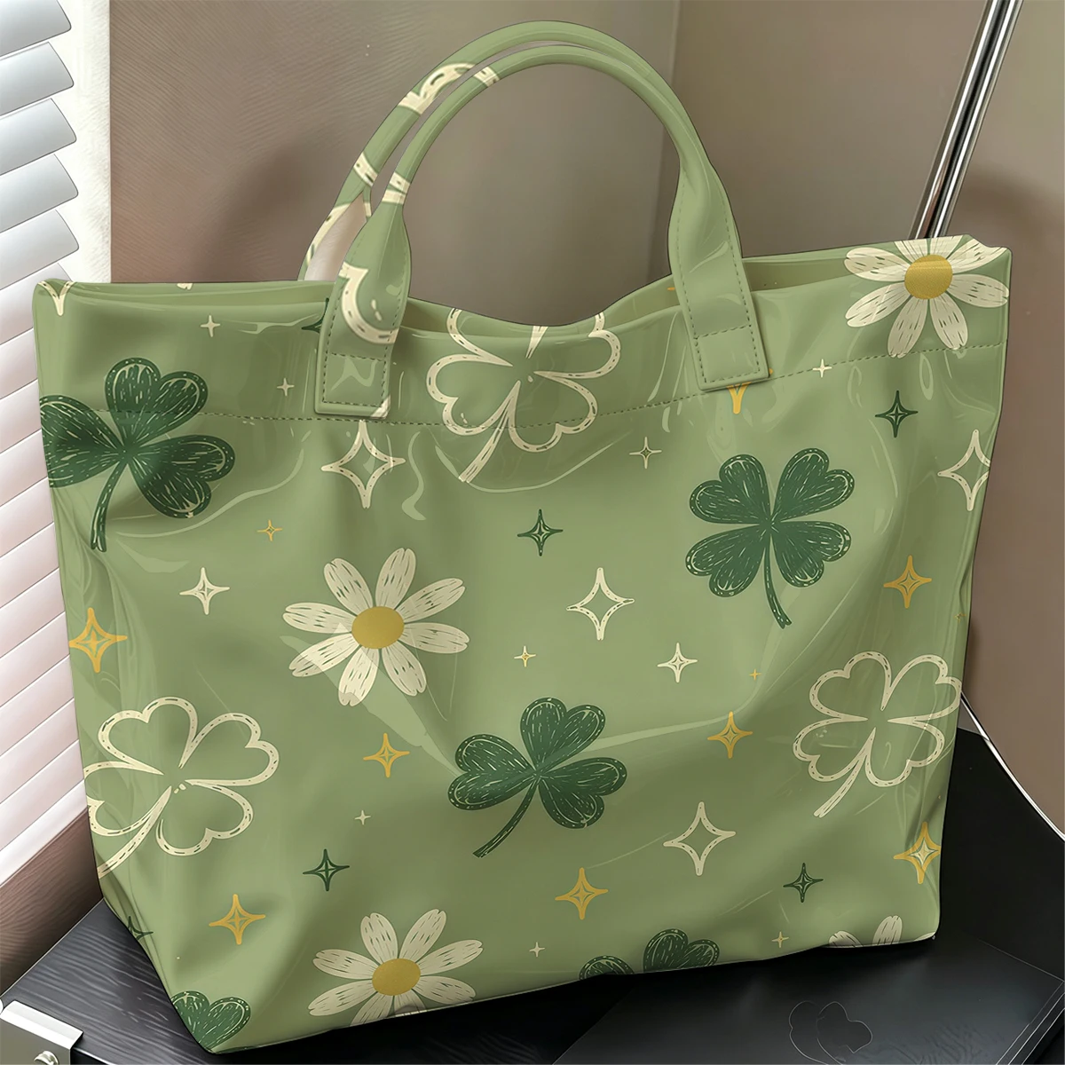 Bolso Tote Grande Brillante de PVC Clover Daisy Fashion, Lavable a Mano, Impermeable, Ideal para Viajes, Traslados, Almacenamiento de Cosméticos y Compras