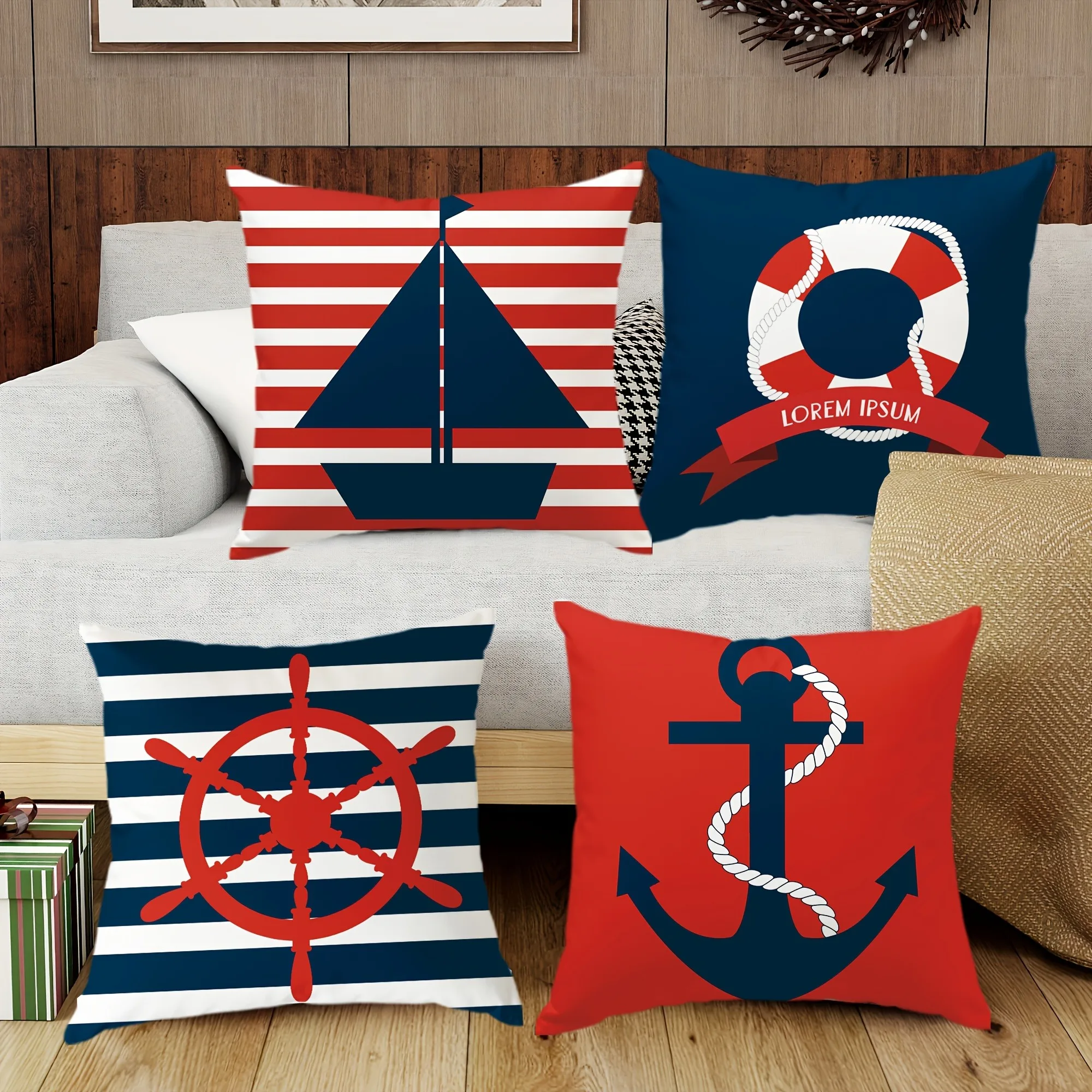 4pcs Coastal Style Compass, Sailboat, Navy Striped PillowcaseSuitable for sofa car bedroom decorative cushion cover pillow cover
