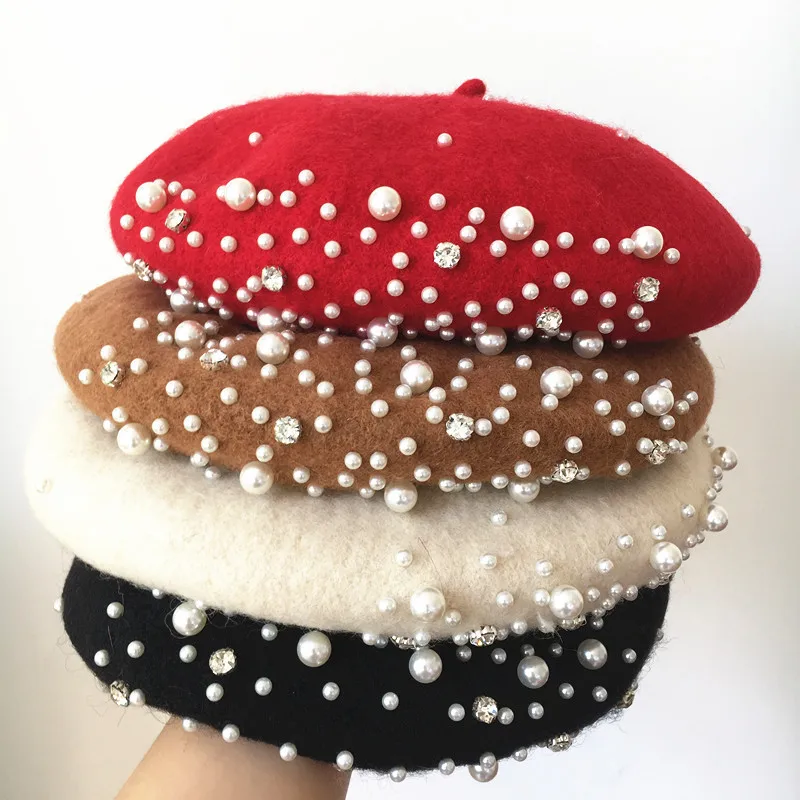 2022 Winter Pearl Rhinestone Berets French Style Romantic Beanie Cap Cashmere Women's Warm Elegant Beret Solid Color Artist Hats