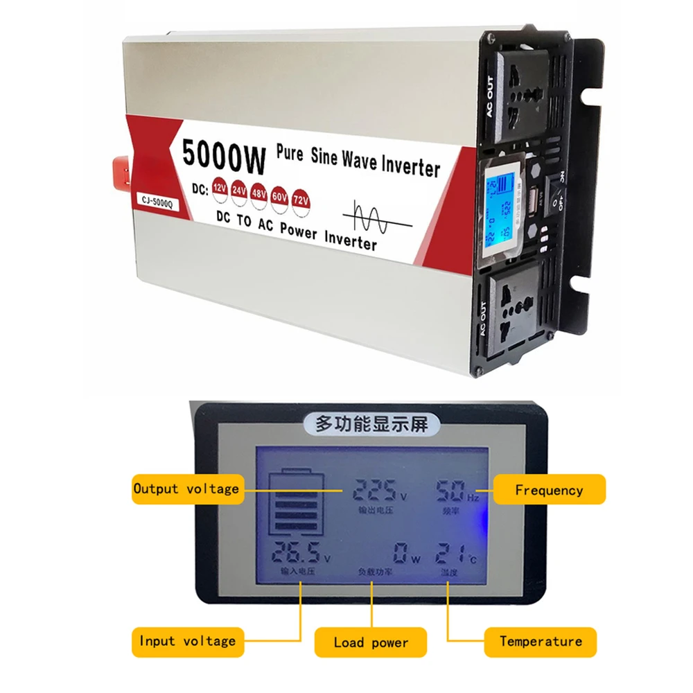 Imagem -03 - Inversor Multifuncional do Carro do Painel Lcd Inversor de Onda Senoidal Pura 3500w 4000w 5000w 12 24 48 60 72v à C.a. 110v 220v 240v