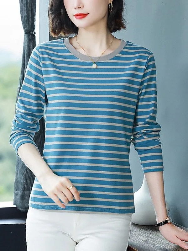 

Casual Striped Long Sleeve round Neck T-Shirt Women's Loose Fit plus Size Mommy Style Bottoming Shirt Casual Wear Polyester F...