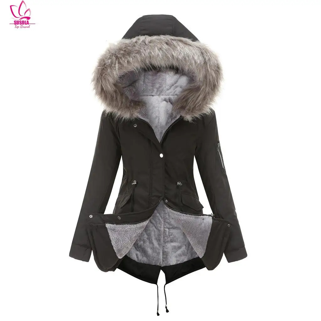 

SUSOLA European Style Parka Cotton Jacket Mid-Length Hooded Winter Warm Thickened Clothing Fashion Jackets Women Down Coats