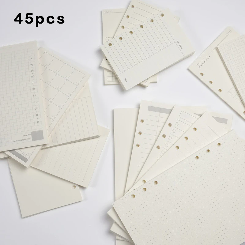 45 Stück A5 A6 A7 6-Ring-Notizbuch für lose Blätter, Nachfüllbinder, Innenseite, Budget, wöchentlich, monatlich, To-Do-Linie, Punktgitter, Papier, Schreibwaren – Detail 1