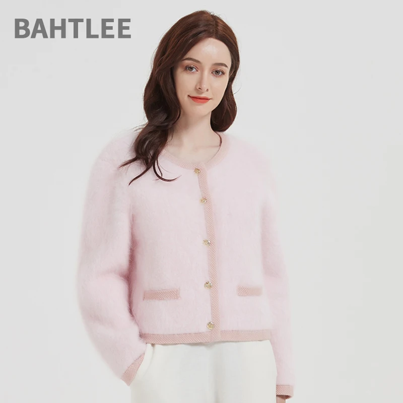 BAHTLEE-Women\'s Angora Knitted Cardigans, Single-Breasted Sweater, Wool Coat, Long Sleeves, O-Neck, Pocket, Autumn