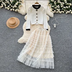 Women O-neck Long Sleeve Elegant Rose Buttons Slim Top High Waist Mesh Skirt French Evening High Street Autumn Winter Clothing