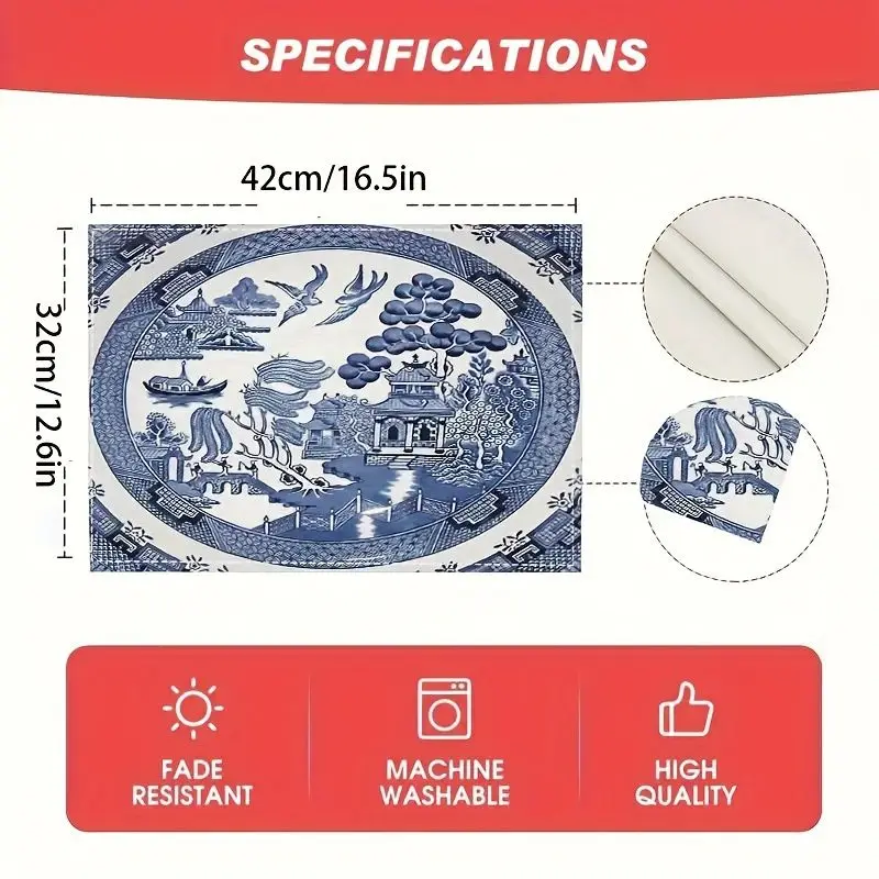 VIKAMA Blue And White Porcelain Placemat Traditional Oriental Landscape Print Easy to clean For Dining Room Kitchen Home Decor