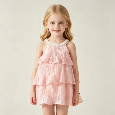 Korean version of girls' 2026 summer new pink ruffled camisole dress, baby girl hanging neck sweet princess dress