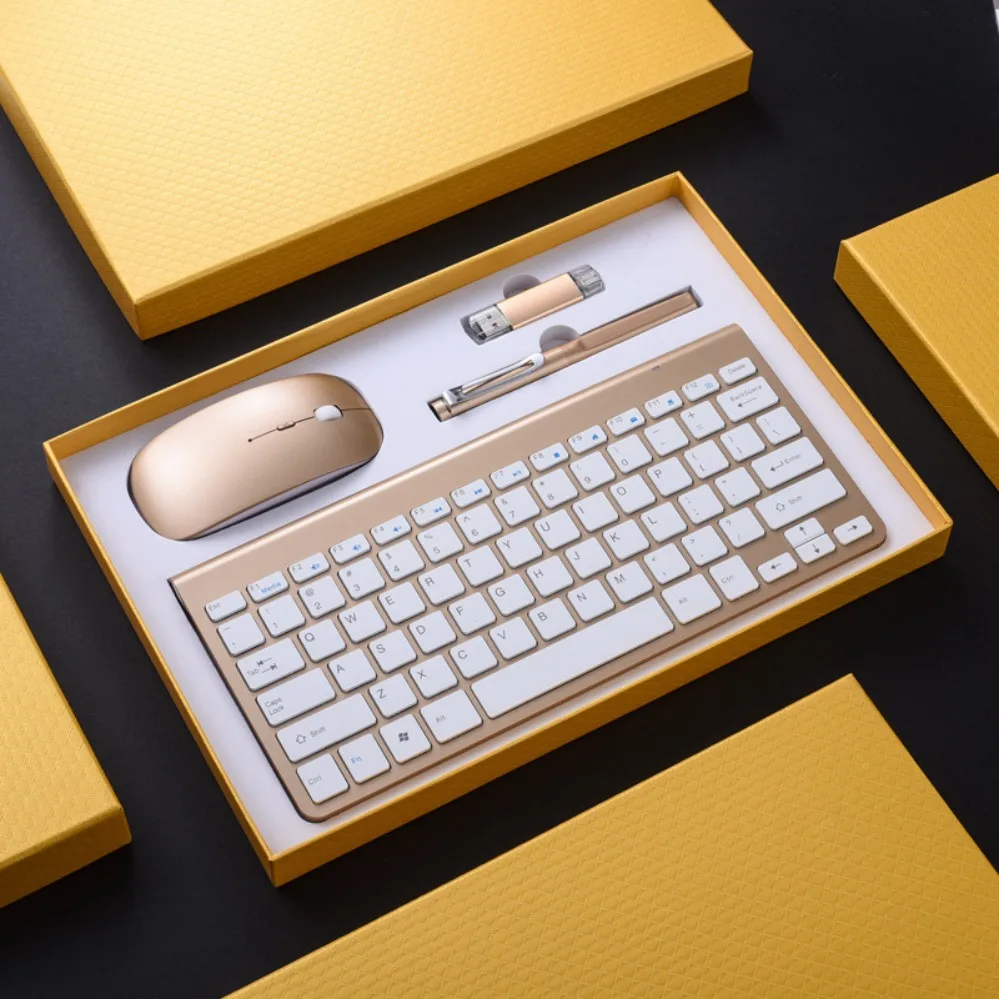 Ultra-thin Golden Wireless Keyboard Mouse USB Flash Drive Power Bank Pen 5Pcs Business Practical Gift Set (002)