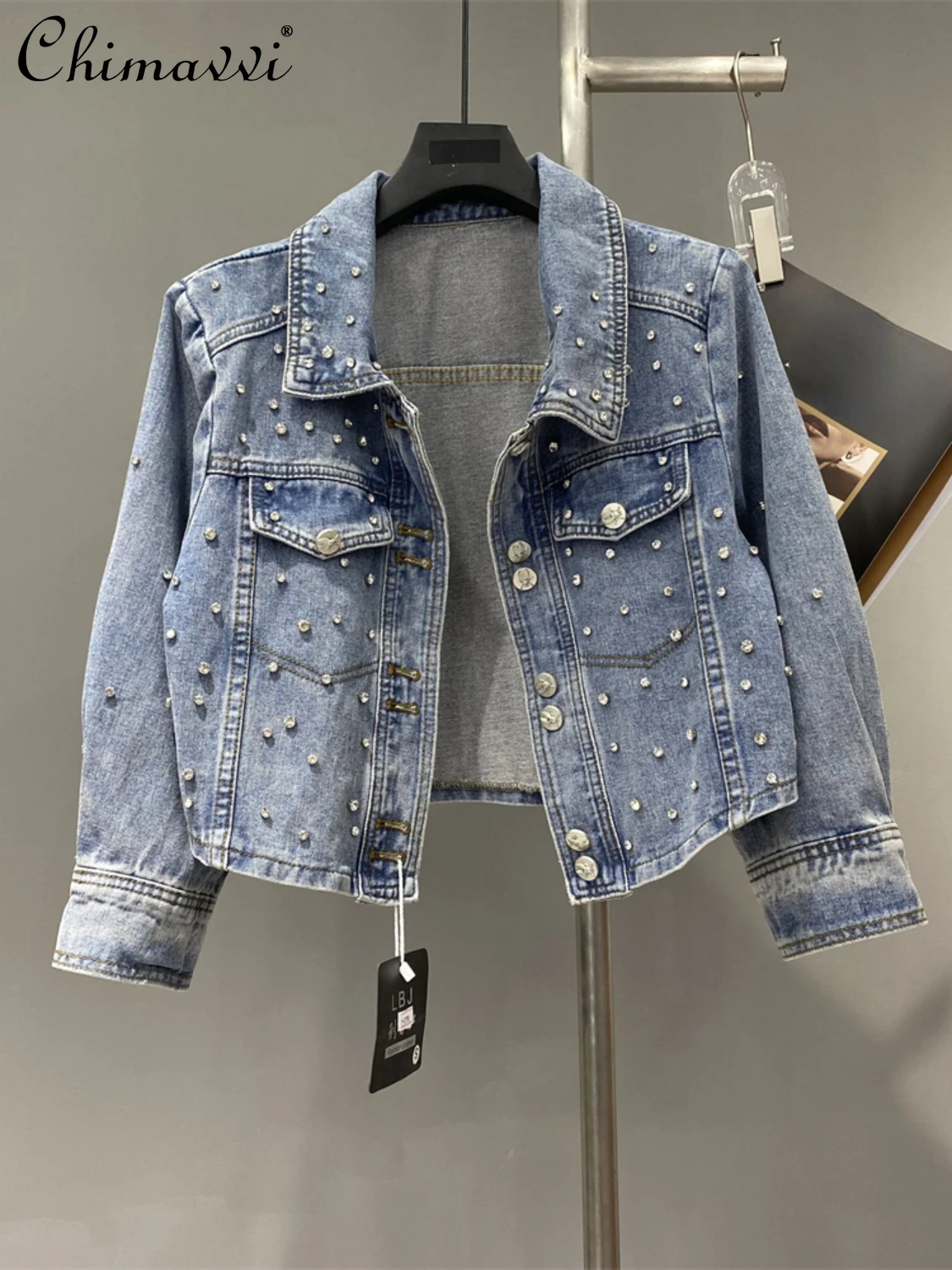 

European Fashion Exquisite Rhinestone 3/4 Sleeve Denim Coat for Women Spring and Summer New Thin Loose Denim Jackets Coat