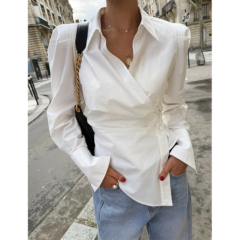 

Women Elegant White Shirt Fashion Long Sleeve Blouse Irregular Office Top with Chic Buttons Slim Fit Ladies Casual Tops