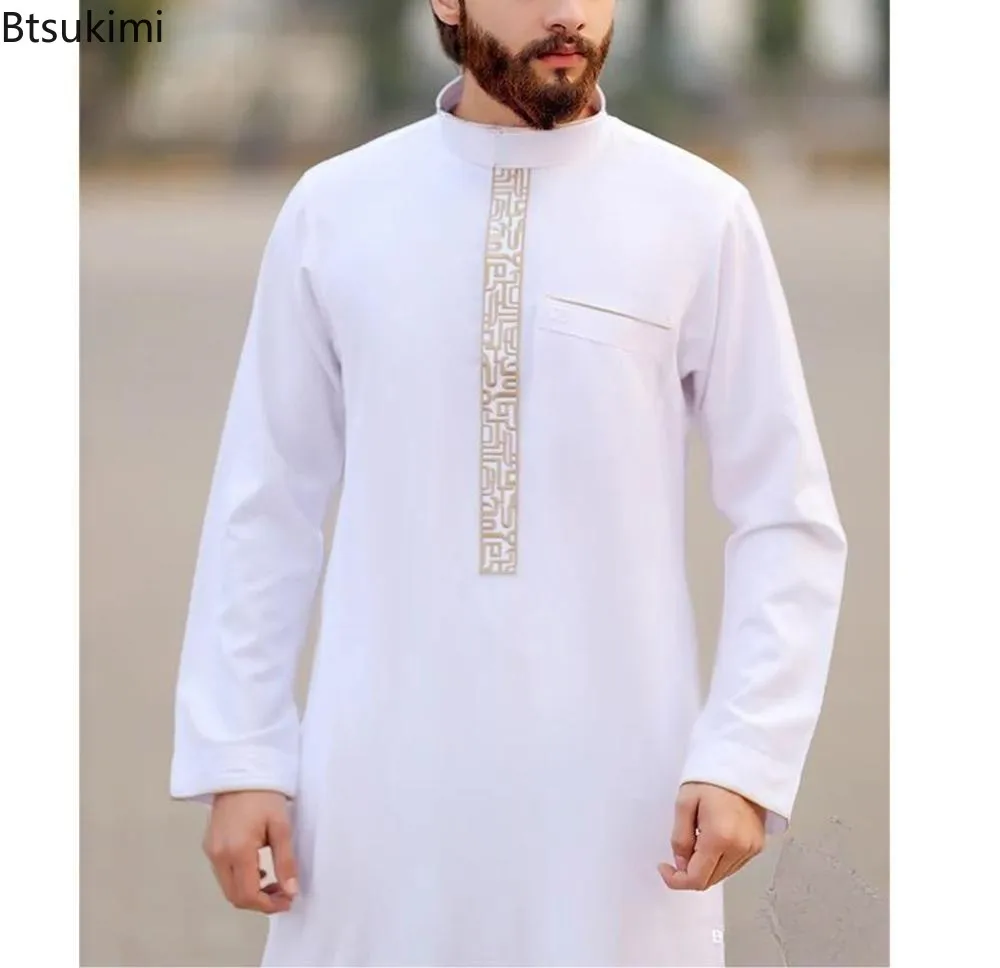 Islamic Muslim Clothing 2025 Men's Long Sleeve Casual Abayas High Quality Print Kaftan Robes Stand Collar Arabian Thobe for Men