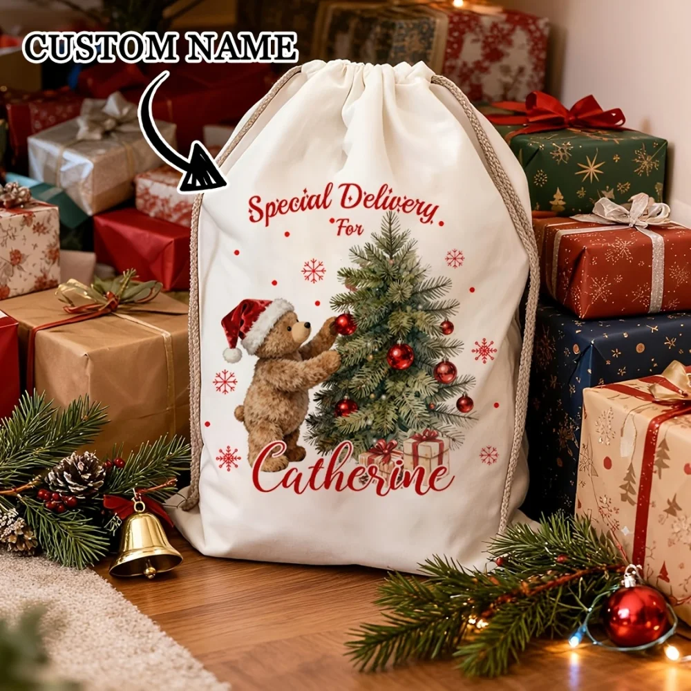 1Pc Custom Name/Text Christmas Imitation Hemp Gift Bag, XmasTree Bear Pattern Drawstring Closure Storage Bags, Party Candy Bag
