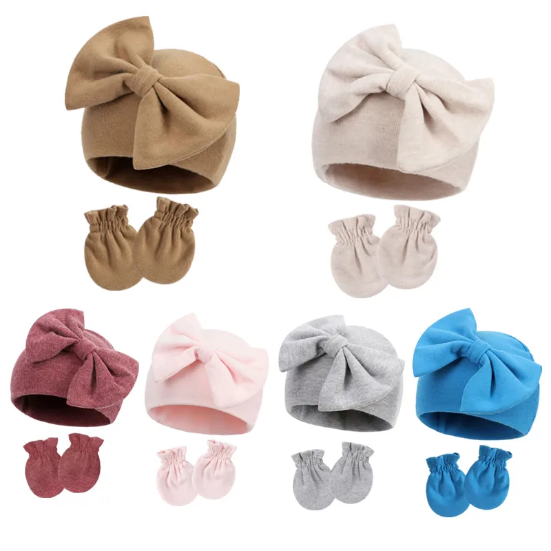 

Soft Cotton Baby Bowknot Hat+Gloves Set Newborn Beanie Cap Anti-scratch Mittens for 0-6 Months Baby Bonnet Shower Gift