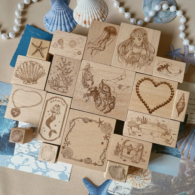 MOONLIGHT Sea Girl Shell Jellyfish Wooden Rubber Stamp DIY Scrapbooking Photo Album Card Making Wood Seal