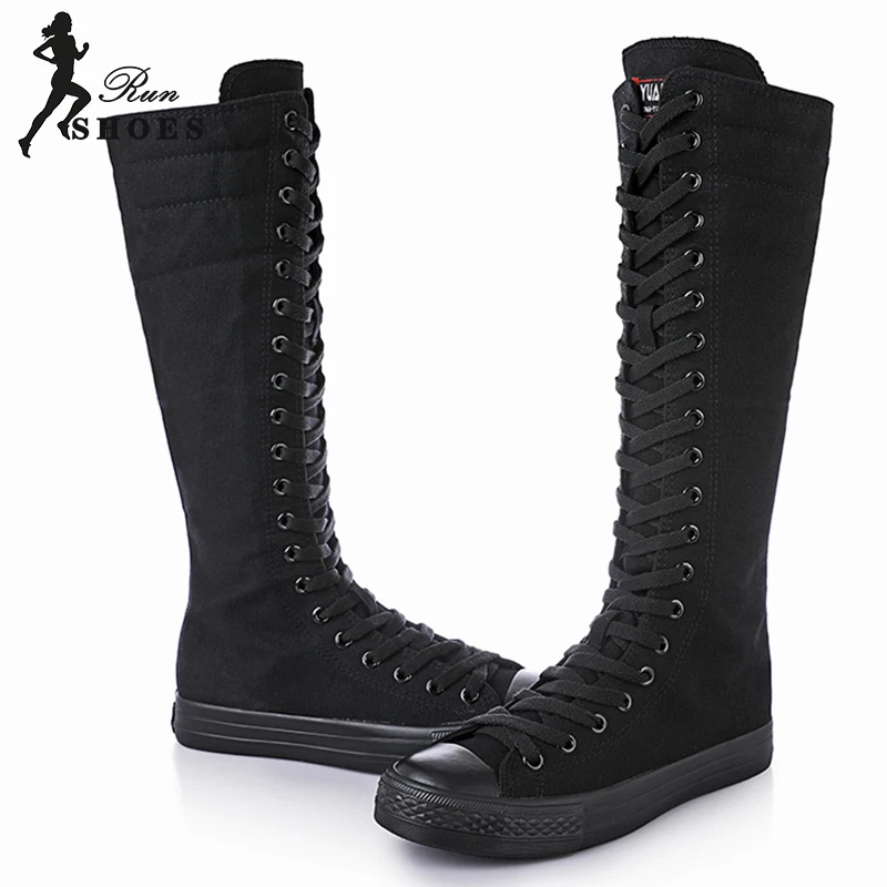 New Fashion Women Canvas Boots Spring Autumn Casual Shoes High Top Long Knight Boots Lace-Up Zipper Comfortable Flats Sneakers