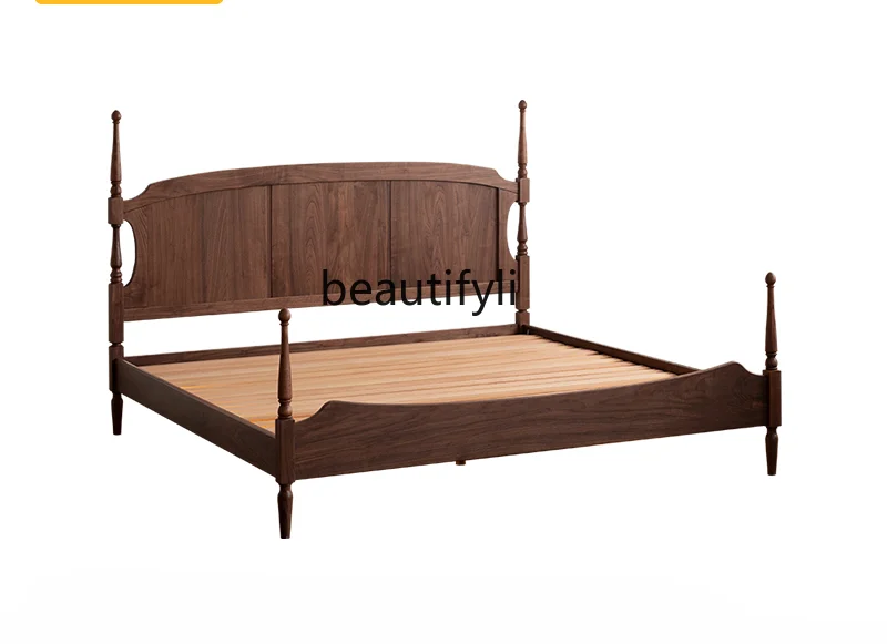 Solid Wood Bed Nordic Retro Black Walnut 1.5 Single Master Bedroom Household Minimalist 1.8 M Double Bed