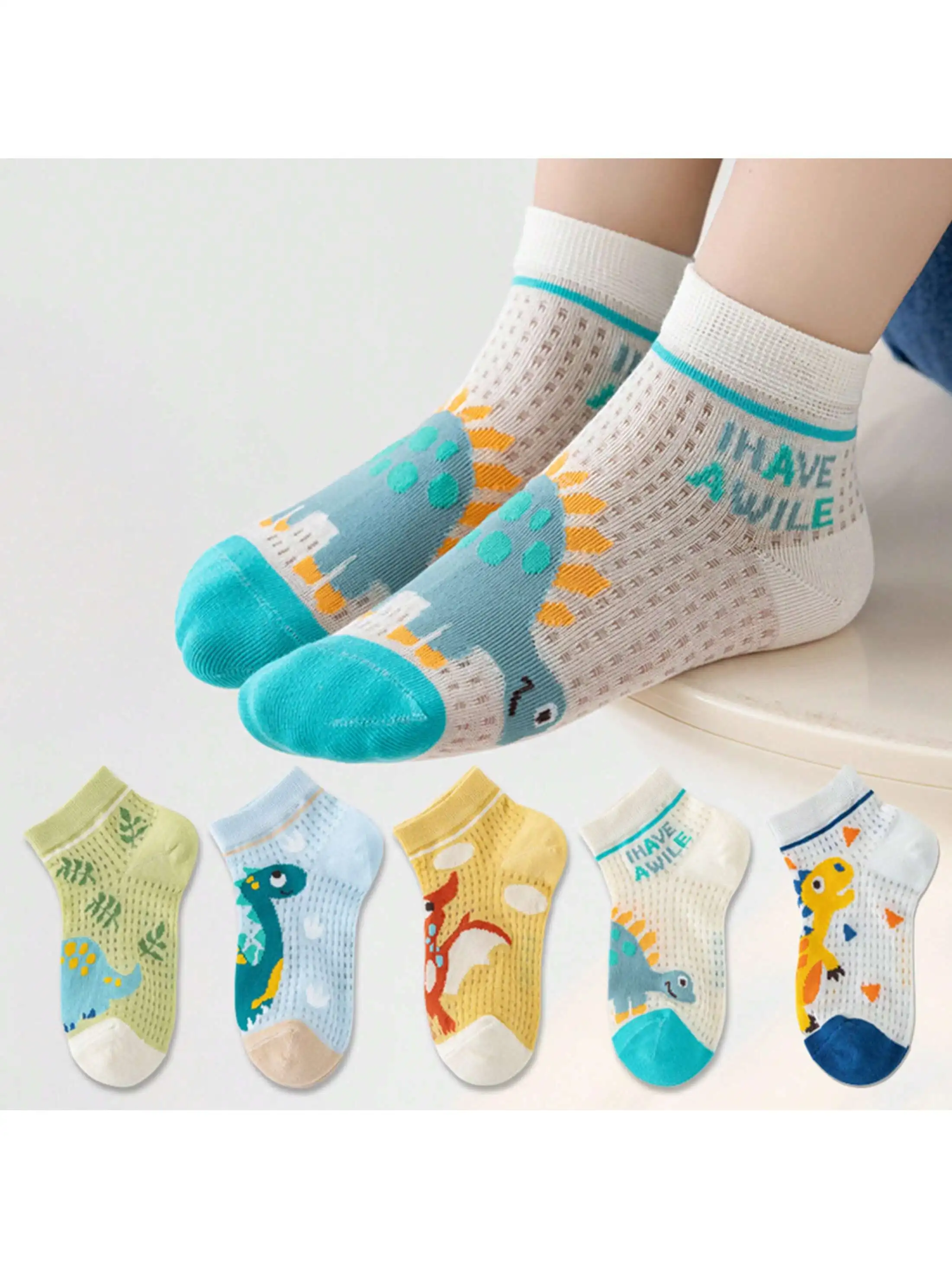

5 Pairs of Four-Season Boys' Socks, Summer Mesh Thin Mid-Calf Socks, Cartoon Mesh Green Dinosaur Spring and Summer Boys' Summer Kidsren's Socks