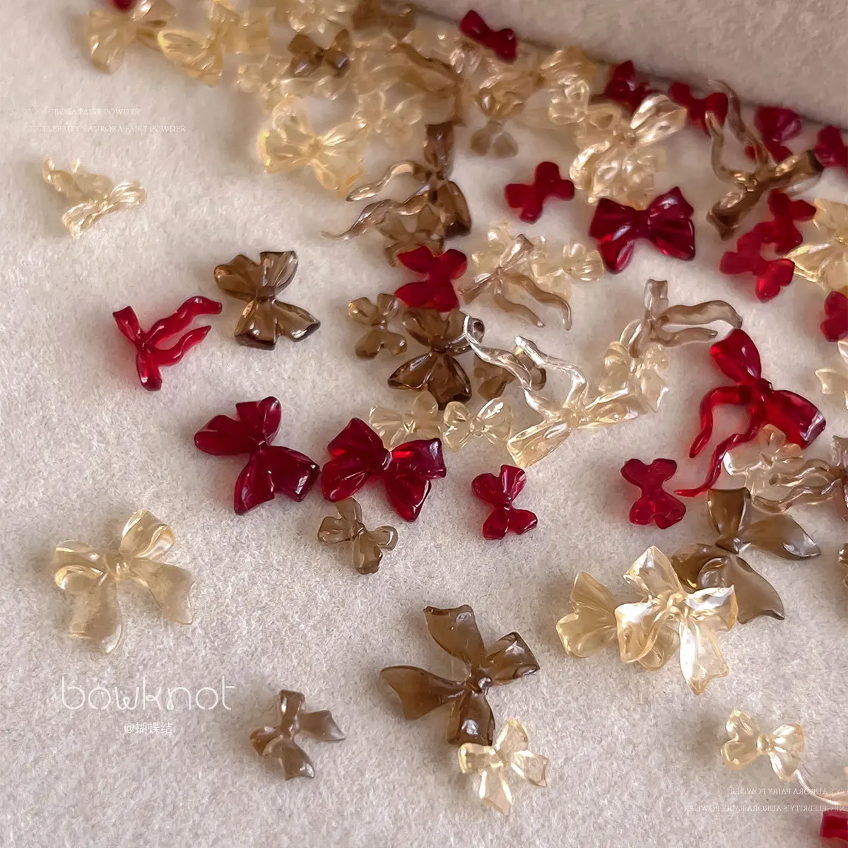 50Pcs Mixed Translucent Amber Mini Bow Nail Charms, Jelly Bow Ornaments, Burgundy Red Coffee Brown 3D Resin Bow Decor Nail Art