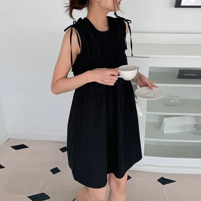 Dresses Women Chic Bow Bandage  Sleeveless Summer New Vintage Solid Ruched Female Dress Sweet Elegant Casual Black Y2k