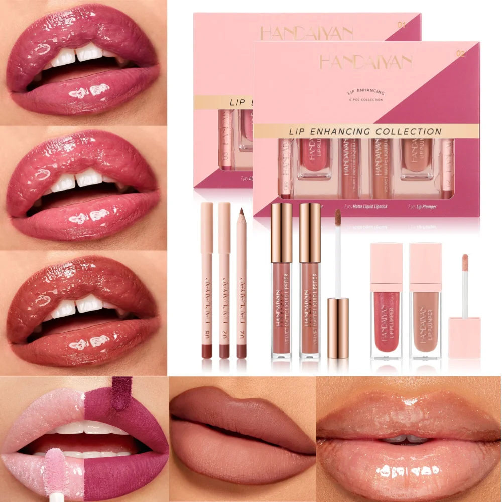 HANDAIYAN Conjunto de delineador labial fosco de longa duração, 6 peças, hidratante, à prova d'água, delineador labial + brilho labial + conjunto de laca labial