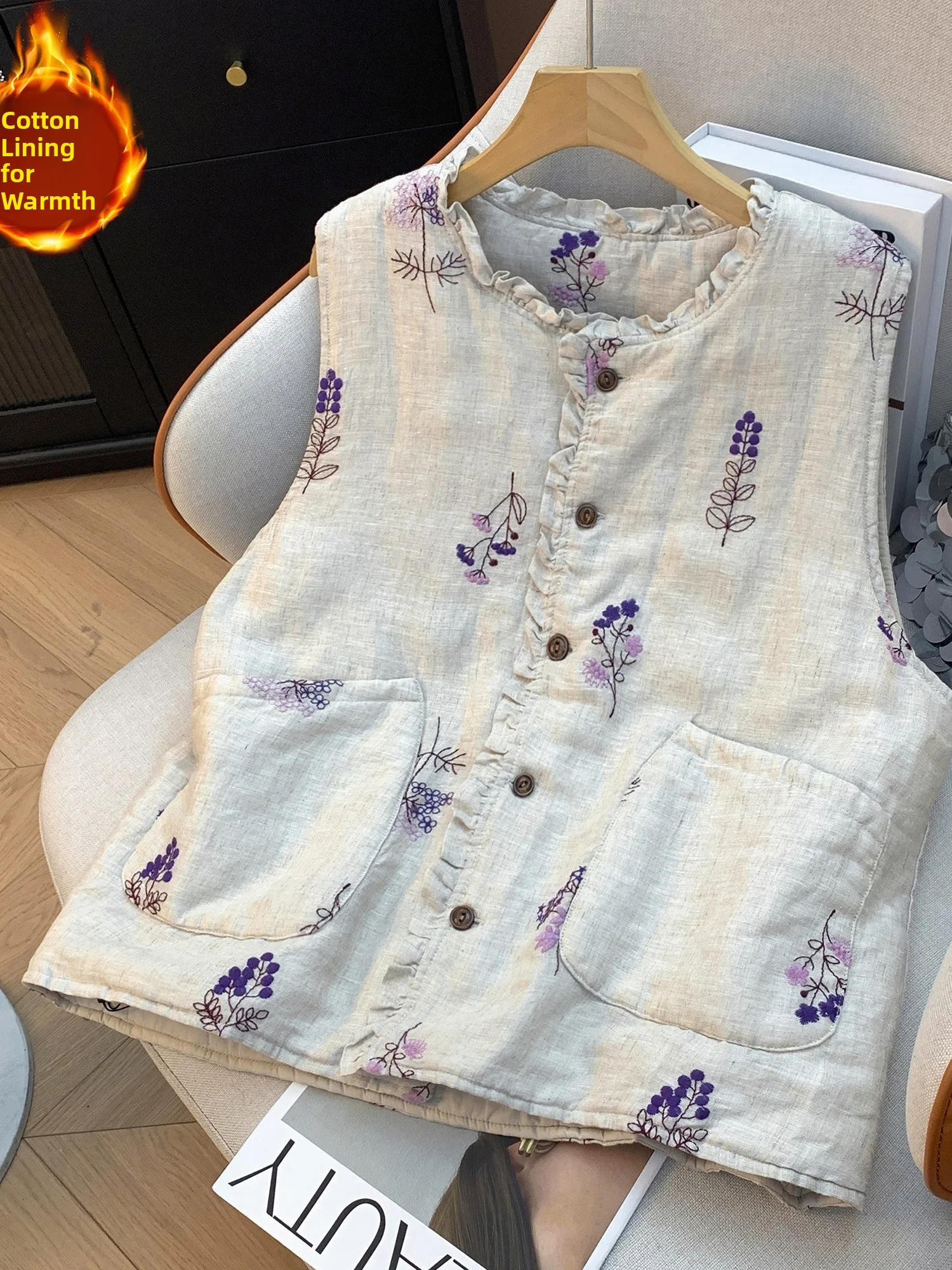 Elegant Vintage Purple Flower Linen Cotton Women's Vest Winter Warm Stylish Collar Shirt Casual Loose Fit Home Wear