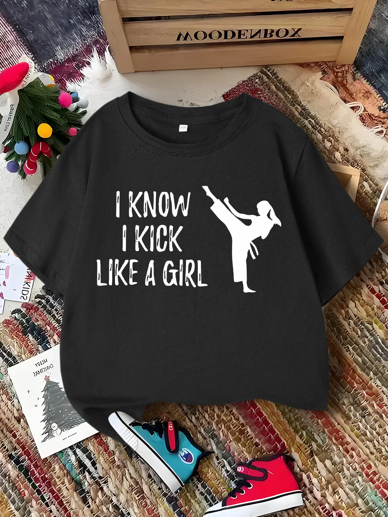 Karate Girl Slogan Silhouette Print Boy Girl Short Tee Parent Match Soft Cotton Kids Inspirational Daily Casual Fashion T Shirts