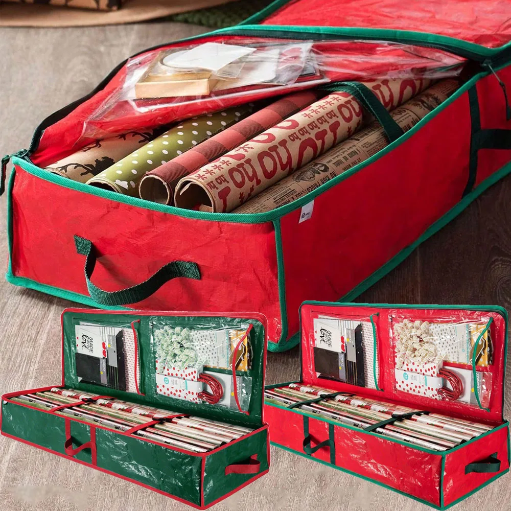 Wrapping Paper Organizer Storage Container for Christmas Holiday Gift Wrap Storage Underbed Container with Interior Pockets Fits