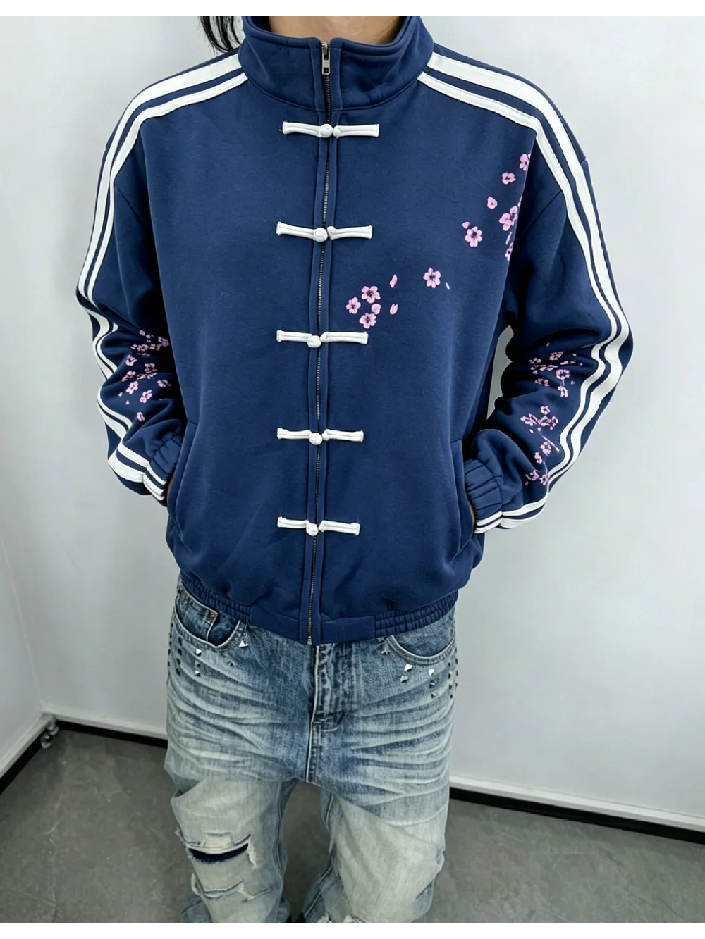 New autumn and winter retro zipper hoodie unisex cherry blossom print side striped sleeves street trendy casual versatile sports