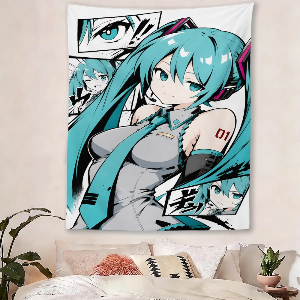 Hatsune Miku Themed Wall Decor Tapestry, Anime Comic Frame Design Wall Tapestry, Otaku Room Decor Collectible Gift for Anime