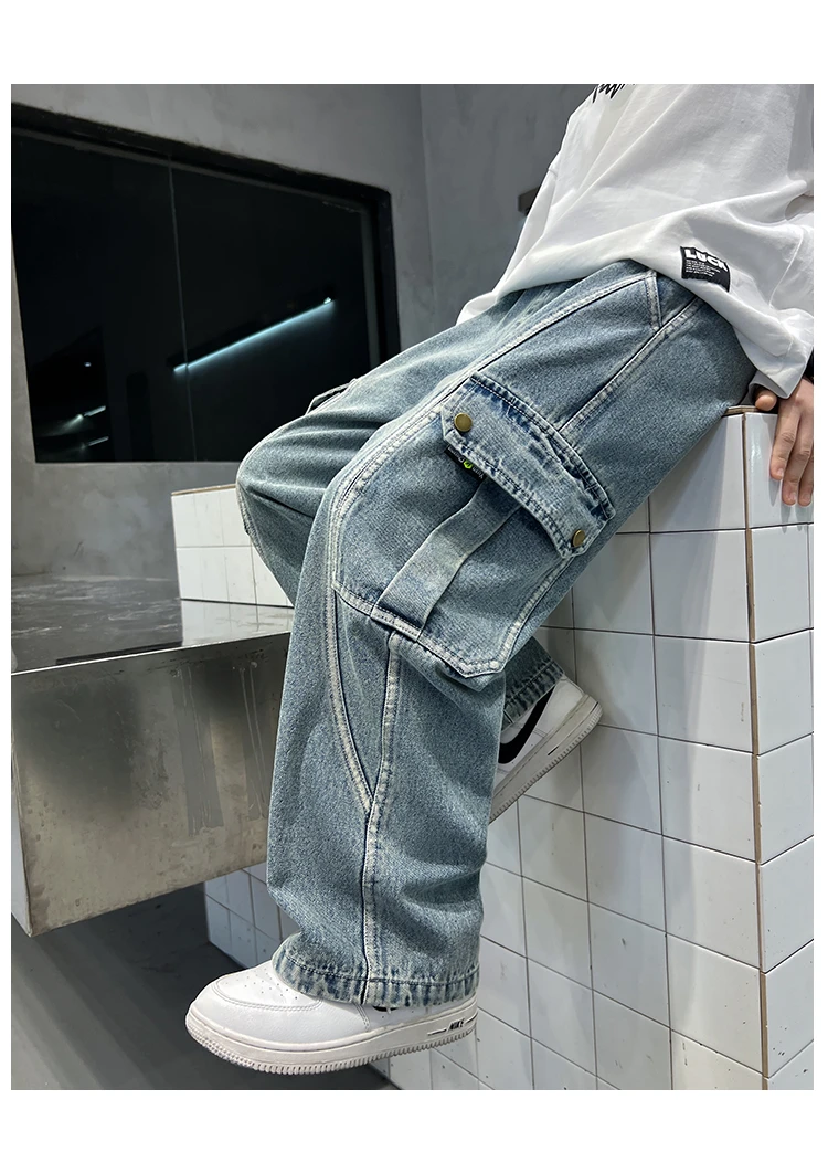 Neue lässige Kinder-Cargo-Jeans mit geradem Bein und Taschen für Teenager-Jungen, modische Street-Denim-Hosen, elegante Hosen für Kinder. – Detail 2