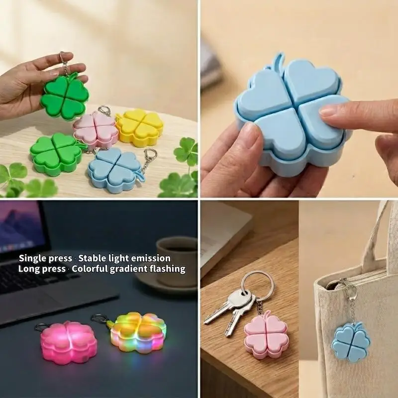 Lucky Four-Leaf Clover LED Light Up Keychain Clickable Buttons Stress Relief Toy Backpack Pendant Party Gift For Kids Adults