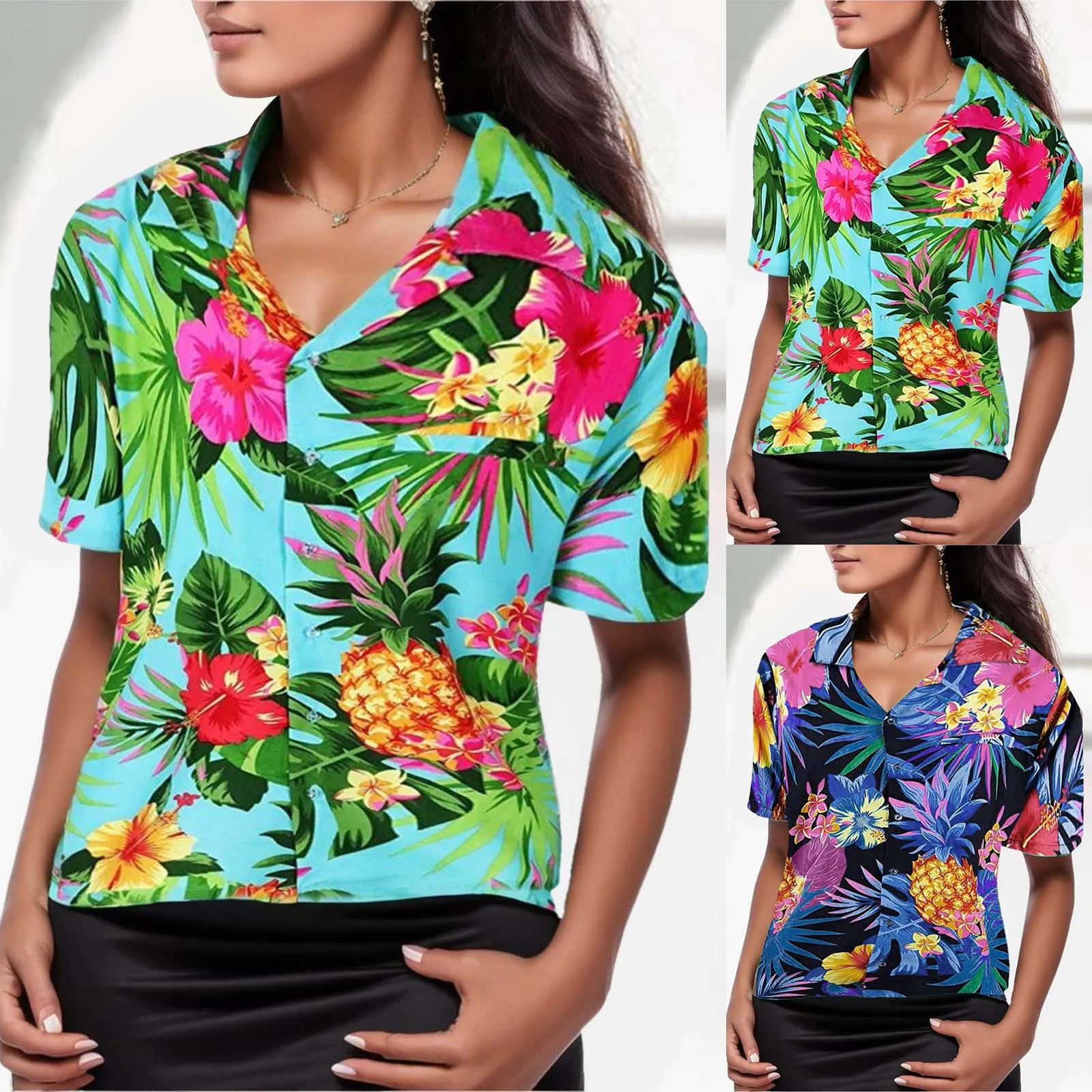 

Women'S Shirt Shirts Chiffon-Blouses Short-Sleeved V-Neck All-Match Tops Workwear Spring-And-Summer Breathable Hawaii Blusas