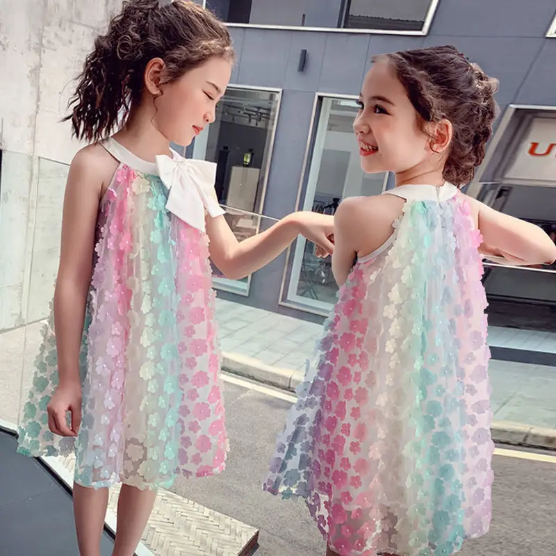 Girls sleeveless dress 2024 summer new color 3D flower dresses children's bow princess dresses