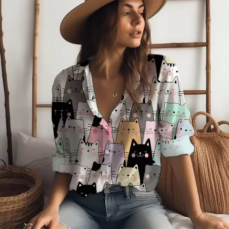 Hawaiian women's 3D digital printing cute cat pattern lapel shirt casual temperament ladies classic long sleeve shirt top