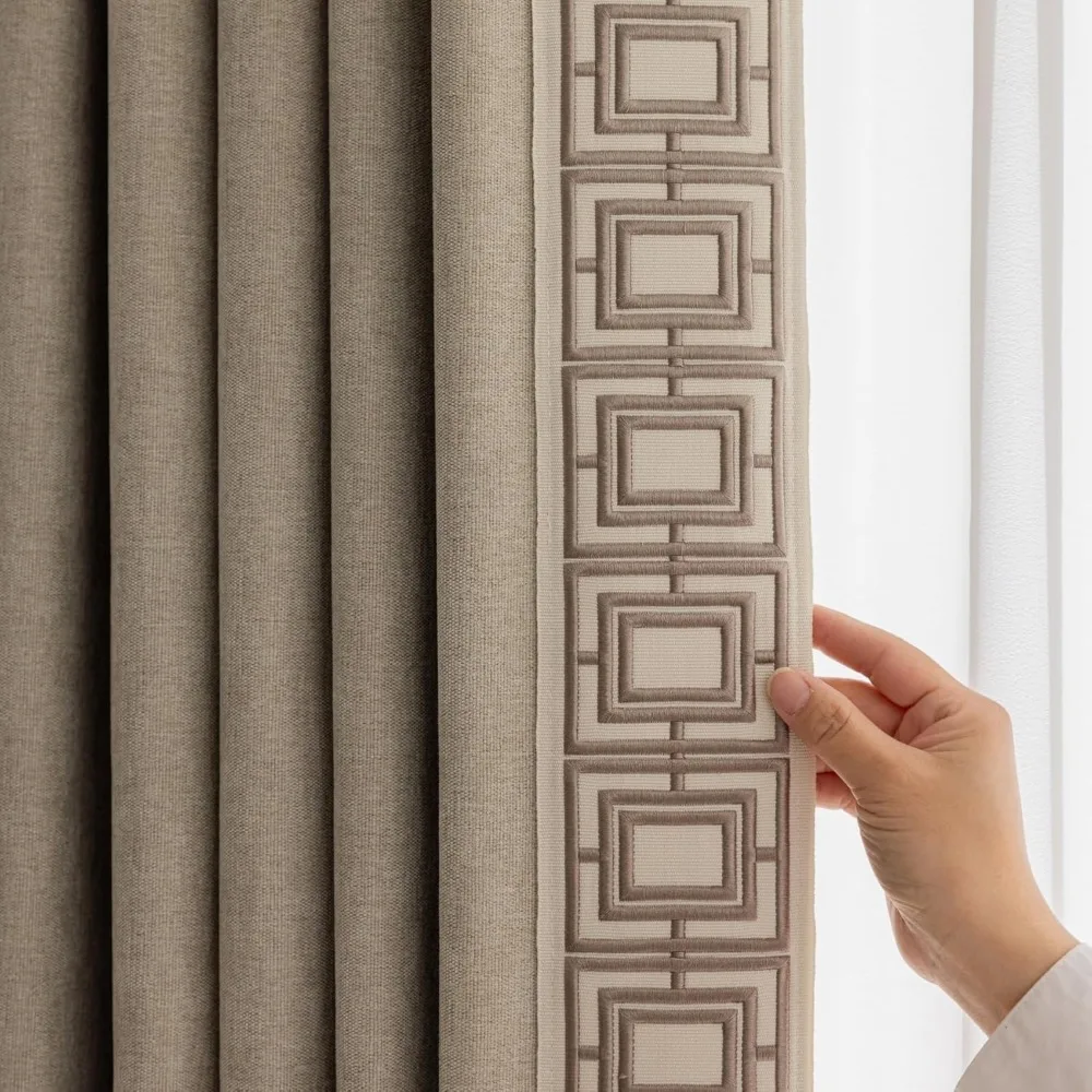 

Full Blackout Dark Beige Curtains with Decorative Trim for Living Rooms, Bedrooms, and Theaters