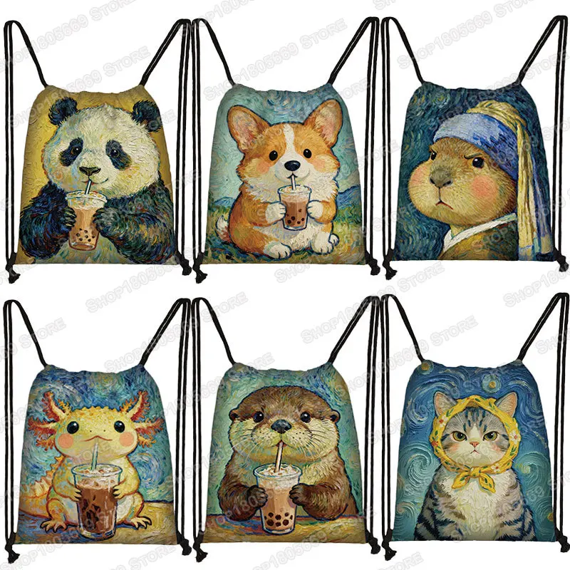 

Oil Painting Animals Drinking Milk Tea Backpacks Cat Dog Panda Sloth Drawstring Bags Children Shoes Holder School Supplies